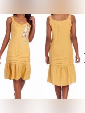 For Cynthia Women’s XL Yellow Embroidered Linen Blend Midi Dress